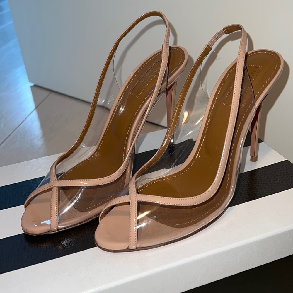 Gently used nude patent leather Aquazzura Temptation heels in size 39 w box